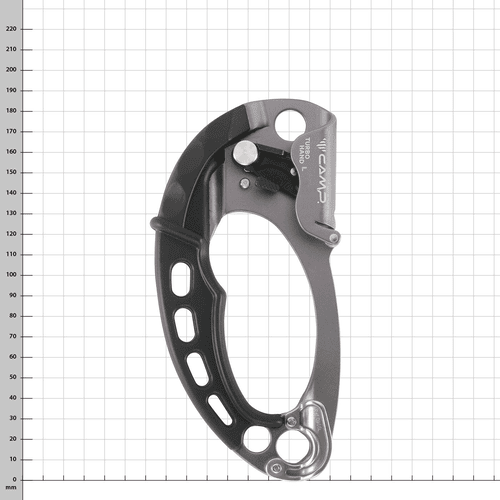 Turbohand Pro L von CAMP, grauer und schwarzer Klettersteig-Handschuh mit Metallteilen, auf kariertem Hintergrund