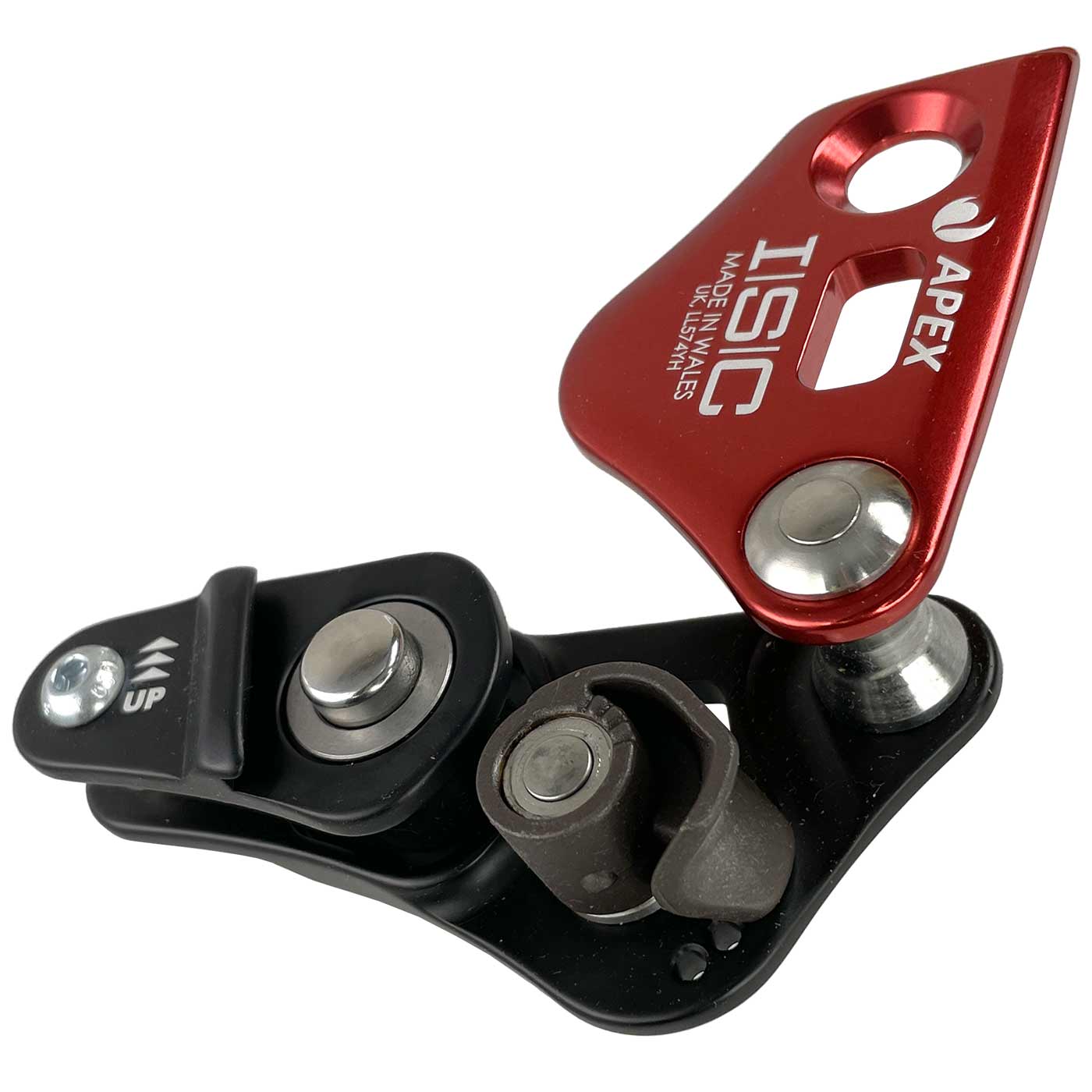 Apex Rope Wrench von ISC, rotes und schwarzes Metallgerät mit beweglichen Teilen, Aufschrift "APEX ISC Made in Wales", vor weißem Hintergrund