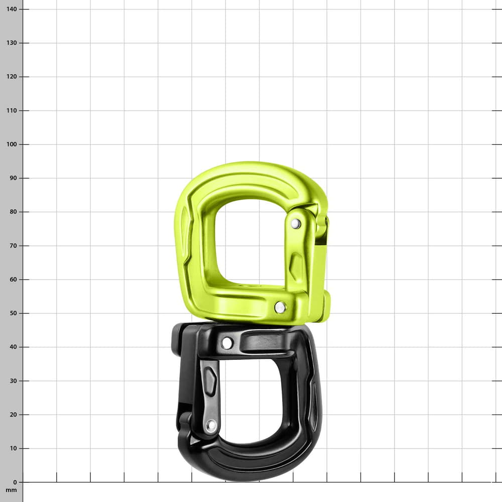 Zwei Karabinerhaken, oben grün, unten schwarz, geöffnet, Produktname Cupid Swivel sichtbar