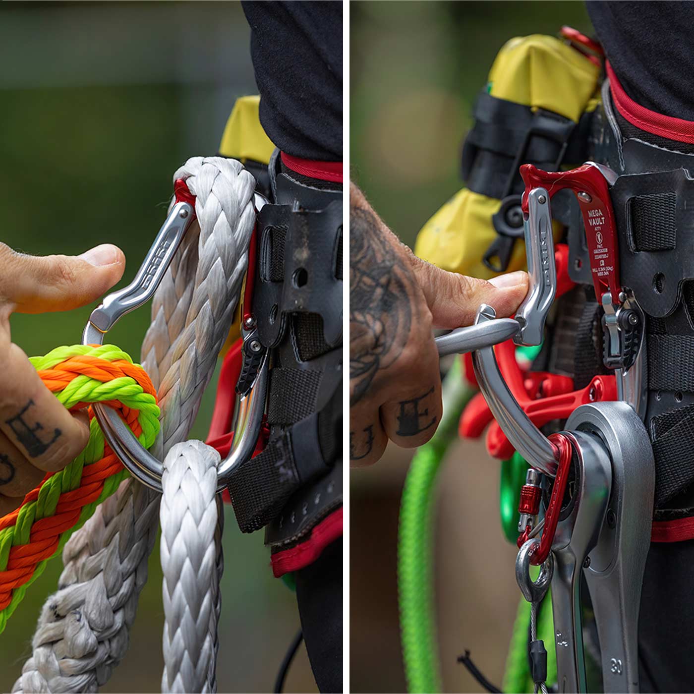 Zwei Nahaufnahmen von Händen, die den Mega Vault Karabiner in Silber und Rot an einem schwarzen und roten Gurt mit Seilen bedienen