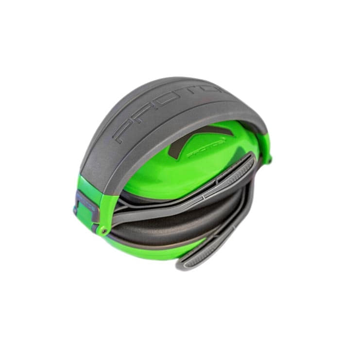 PROTOS® Headset gefaltet in grün und grau mit sichtbarem Schriftzug PROTOS auf dem Bügel