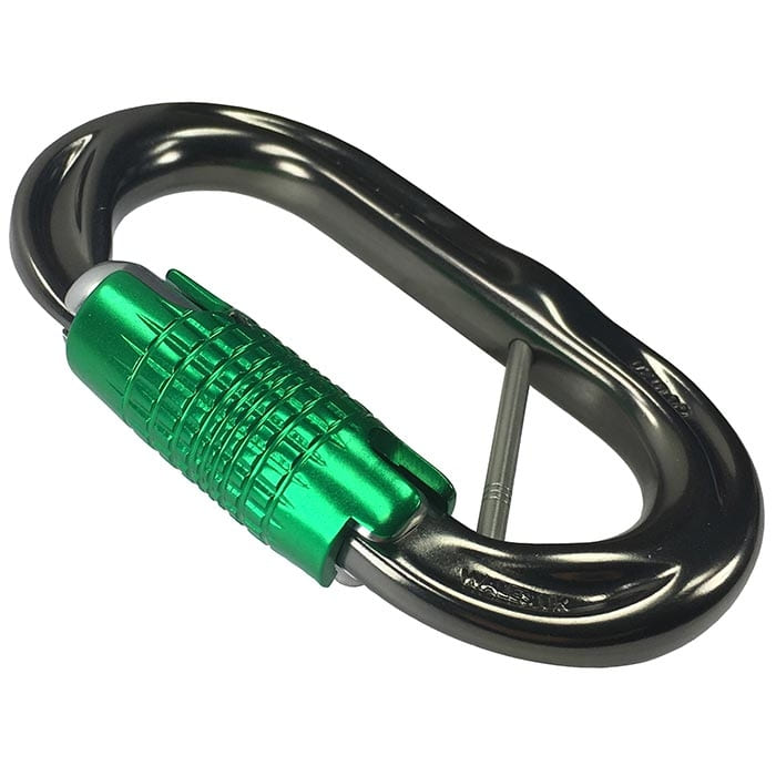 PerfectO Captive Bar Karabiner liegend mit schwarzem Körper und grünem Verschluss, von oben fotografiert