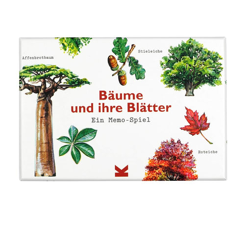 Bäume und ihre Blätter Memo-Spiel Karton mit Baum- und Blattillustrationen und Schriftzug „Bäume und ihre Blätter Ein Memo-Spiel“