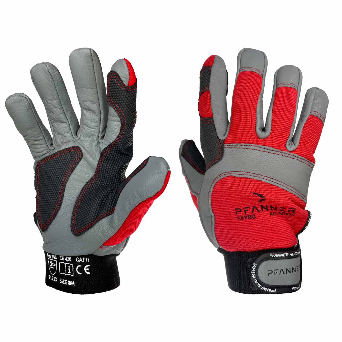 StretchFlex® Kepro Arbeitshandschuhe in Grau, Rot und Schwarz mit schwarzem Bündchen und Klettverschluss, Hersteller Pfanner, Vorder- und Rückseite sichtbar