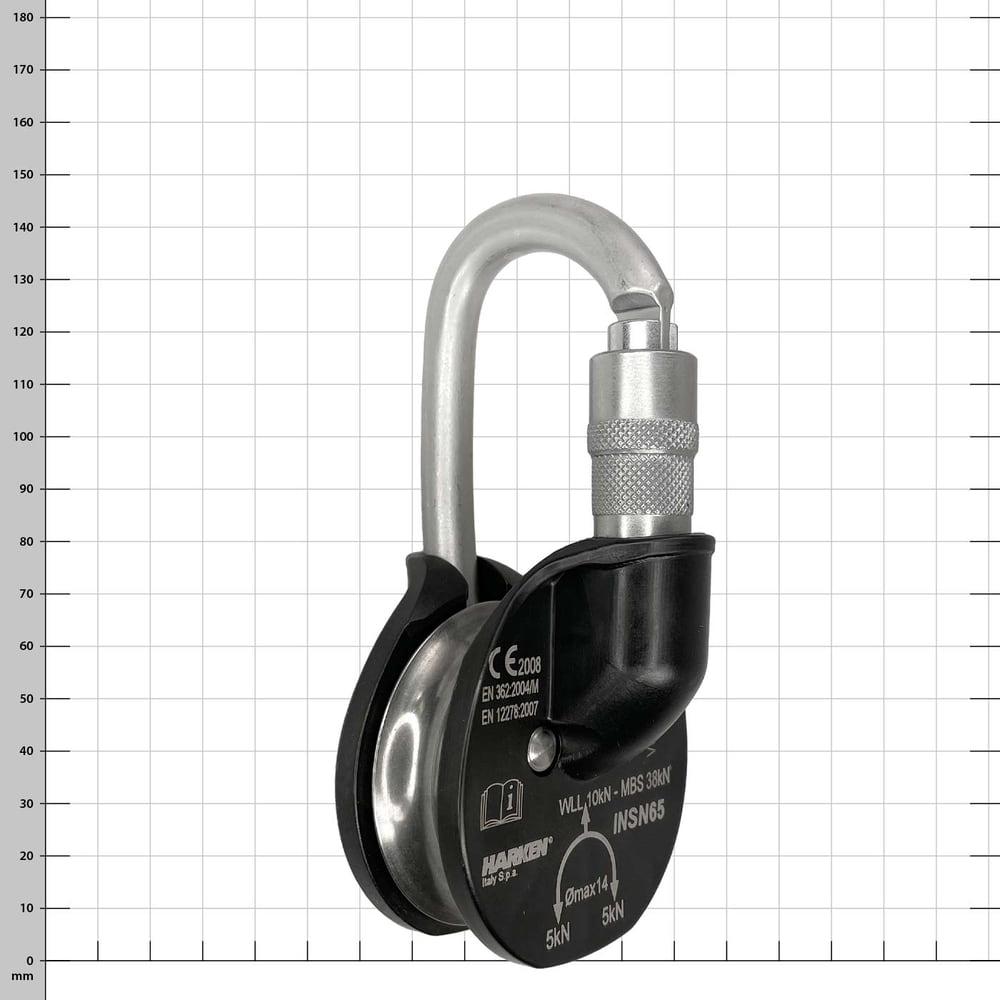 Snatchet 65, schwarze und silberne Rolle mit Karabinerhaken, Hersteller Harken, Typ Snatchet 65, Rückseite mit technischen Angaben