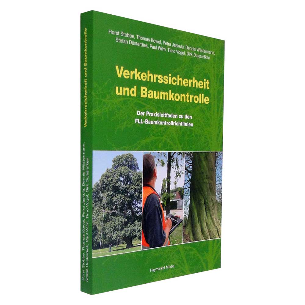Buch "Verkehrssicherheit und Baumkontrolle" mit grünem Cover, schräg stehend, mit gleichen drei Bildern unten, Hersteller Haymarket Media