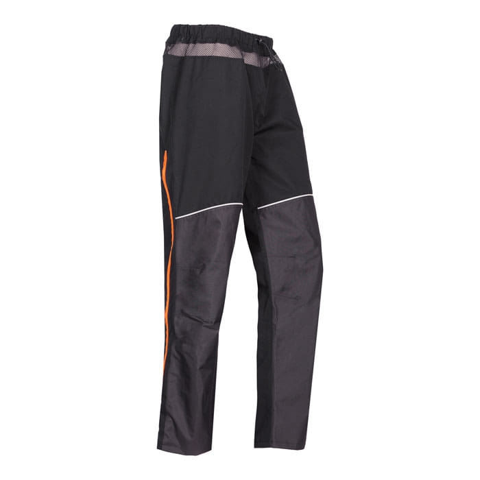 Keiu Regenhose, schwarze Regenhose mit grauen Knieeinsätzen und orangefarbenem Streifen an der Seite