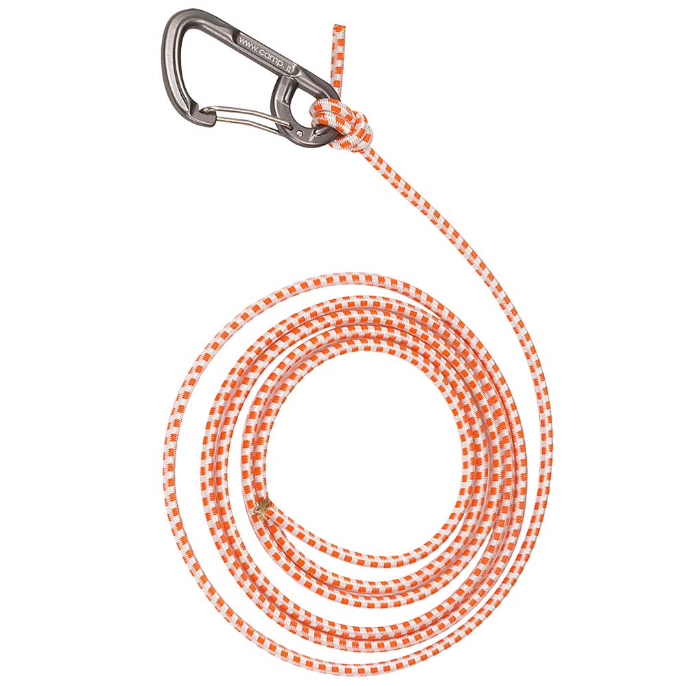 Turboknee Bungee mit orange-weiß gestreiftem elastischem Seil und silbernem Karabiner von Camp