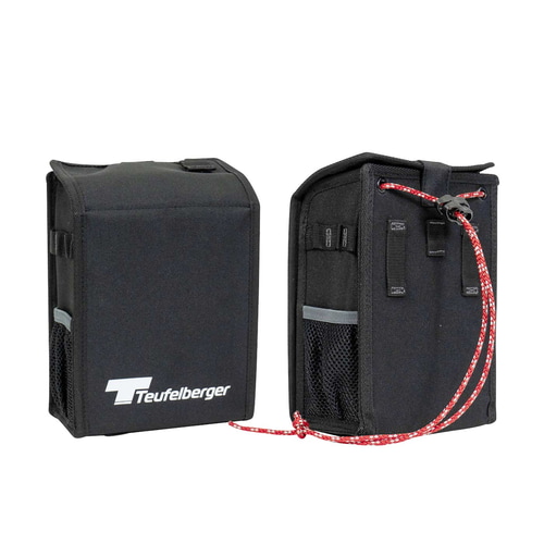Mini Mule von Teufelberger, schwarze Tasche mit roten Kordeln, geschlossen und von vorne und hinten gezeigt, mit Teufelberger-Logo