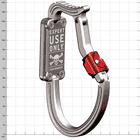 Karabiner mit Aufdruck "EXPERT USE ONLY" und Totenkopf, silberfarben mit rotem Verschluss, Produktname transPorter XL