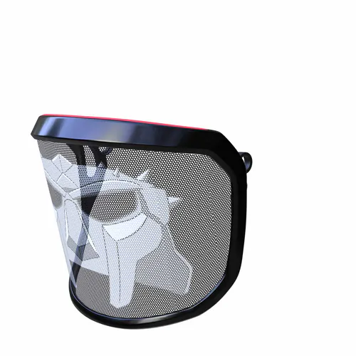 PROTOS® Visier Special Edition, schwarzes Schutzvisier mit weißem, stilisiertem Gesichtsmotiv und rotem Rand oben, seitliche Ansicht von links