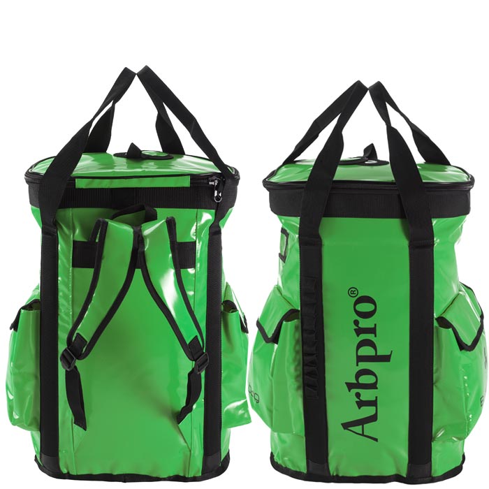 Bucket Backpack 75 von Arbpro in grün mit schwarzem Rand, zwei Schultergurten, Tragegriffen oben und zwei Außentaschen