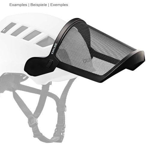 Edelrid Visor Mesh mit schwarzem Rahmen und Netzgewebe in seitlicher Ansicht am weißen Helm befestigt