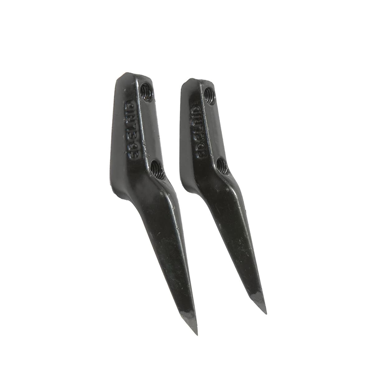 Zwei schwarze Talonspikes L aus Metall mit spitz zulaufendem Ende und zwei Schraubenlöchern.