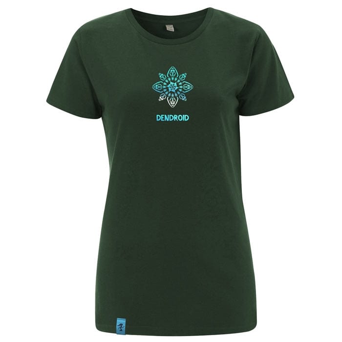 Symmetree T-Shirt dunkelgrün mit blauem symmetrischem Muster und Schriftzug "DENDROID" auf der Vorderseite, freistehend