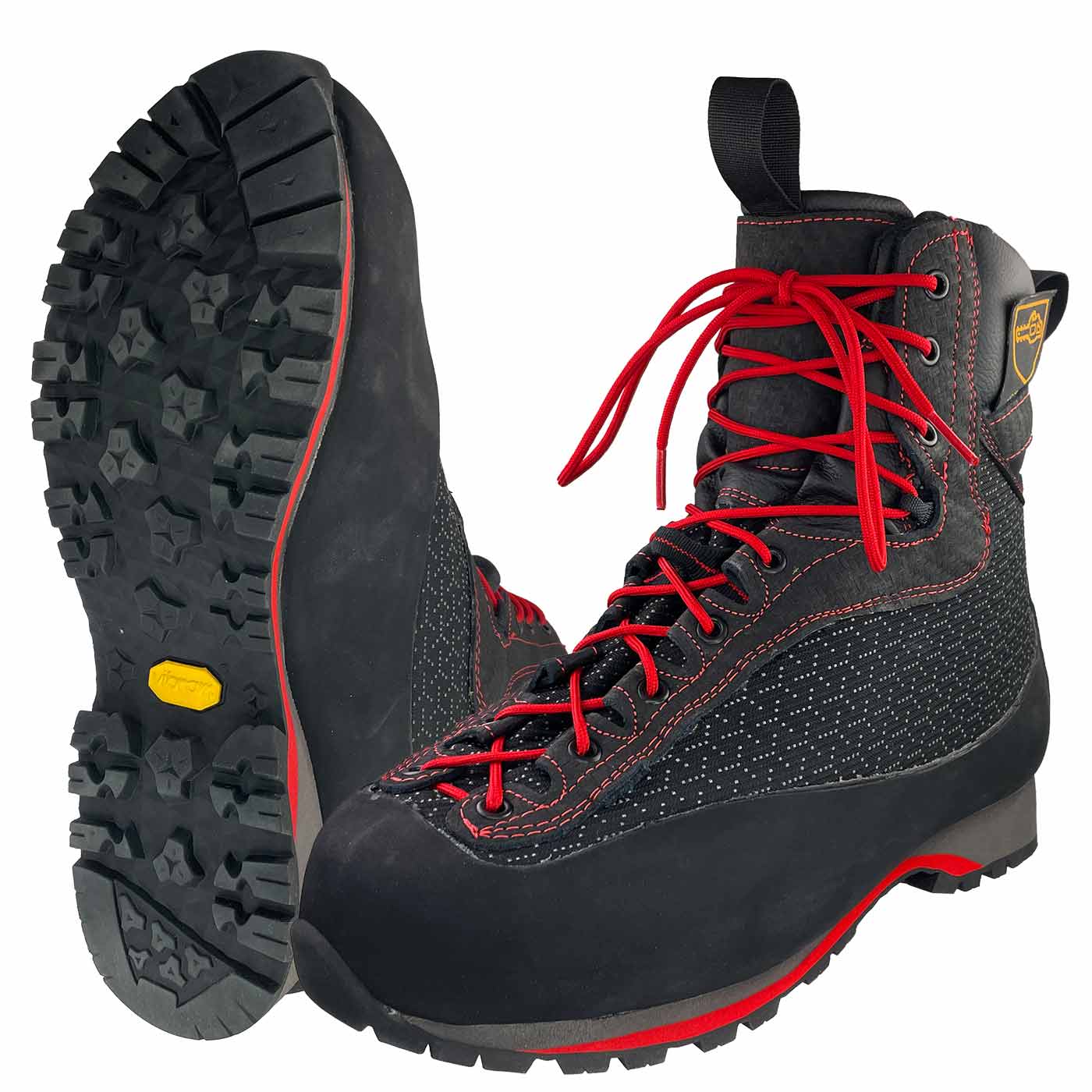Arborist Xlight Schuh in Schwarz mit roten Schnürsenkeln und Profilsohle, Hersteller nicht sichtbar von unten und vorne dargestellt