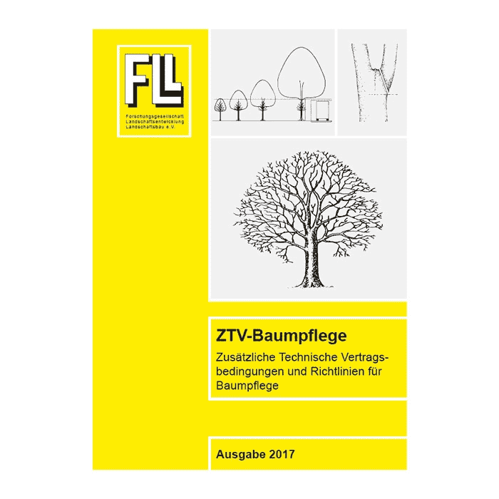 ZTV-Baumpflege Buch von Forschungsgesellschaft Landschaftsentwicklung Landschaftsbau e.V. mit gelbem Umschlag und Baumzeichnungen, Ausgabe 2017