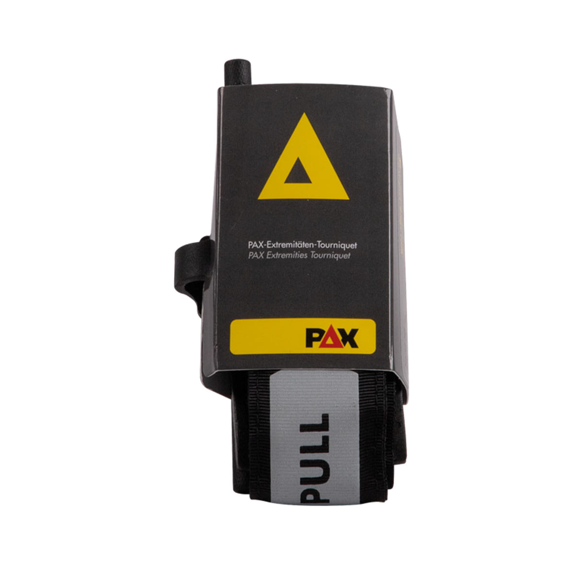 PAX Tourniquet mit schwarzer Hülle und gelbem Dreieck auf der Vorderseite, Text „PAX-Extremitäten-Tourniquet“ und gelbem PAX-Logo