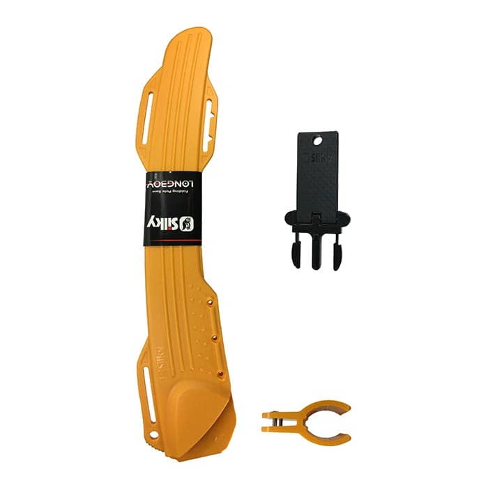 Longboy Holster-Set von Silky, bestehend aus einer langen gelben Halterung, einem kleinen schwarzen Clip und einem gelben Befestigungsclip