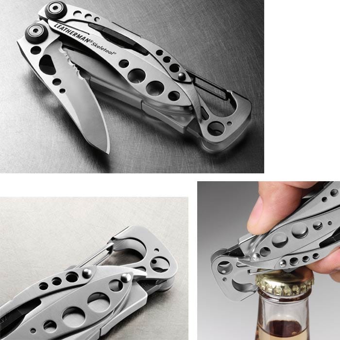Leatherman Skeletool Multitool aus Metall in vier Ansichten: zusammengeklappt mit sichtbarem Messer, Detailansicht des Karabiners, und geöffneter Flaschenöffner beim Öffnen einer Flasche