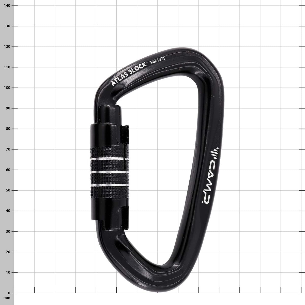 Schwarzer Karabiner mit Schraubverschluss, Produktname Atlas 3Lock, Hersteller CAMP, Typ Ref. 1375