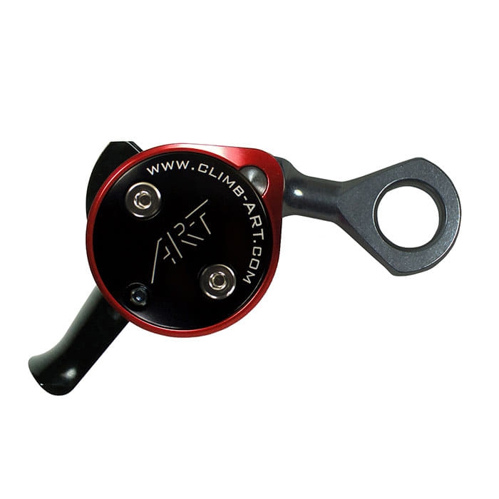 Positioner 2 Basic von Climb Art, schwarzes und rotes Metallteil mit zwei Schrauben und einem runden Loch am Ende