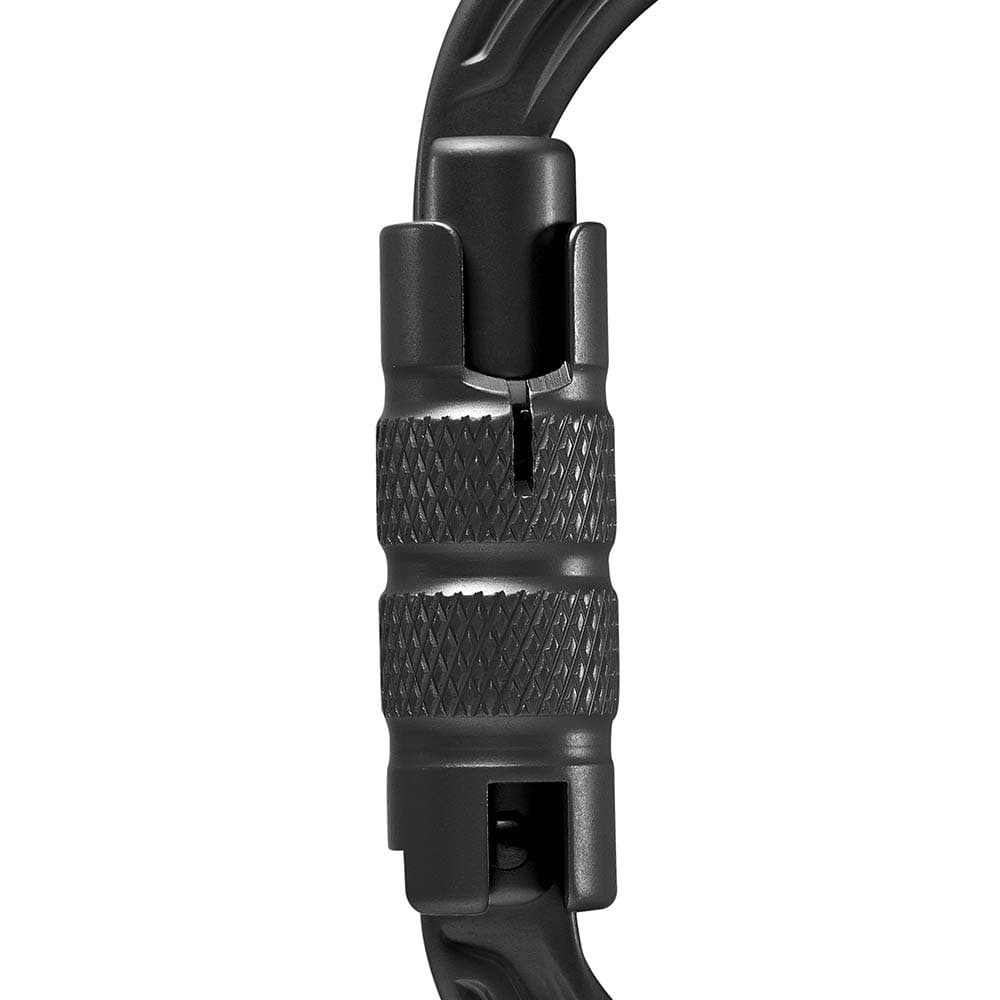 Nahaufnahme des schwarzen Schraubverschlusses des Oval Power 2500 Triple Karabiners mit geriffelter Oberfläche zur besseren Griffigkeit