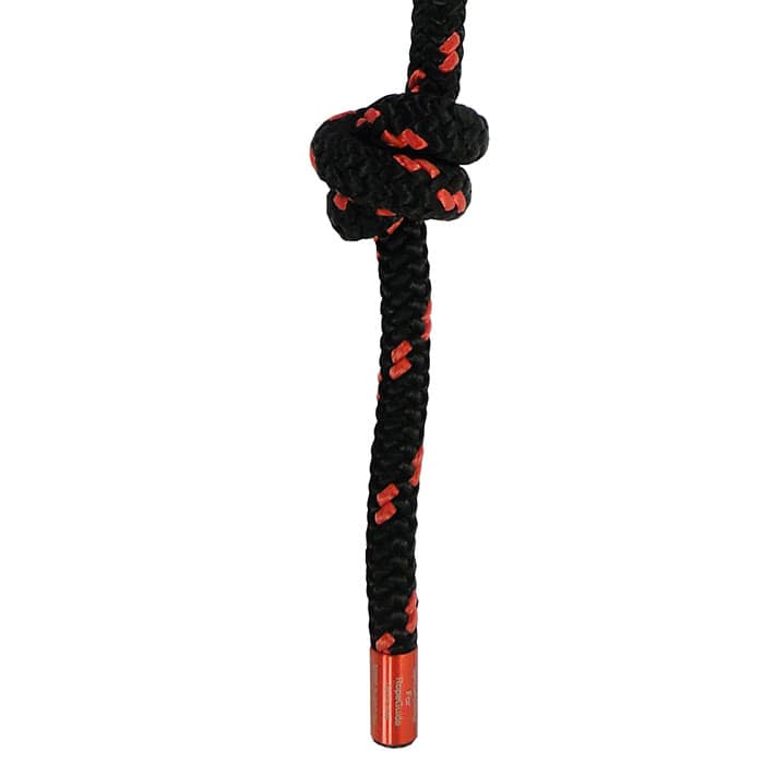 SpliceAnchor schwarzes Seil mit roten Punkten, zeigt einen Knoten und ein rotes Ende mit weißem Text darauf