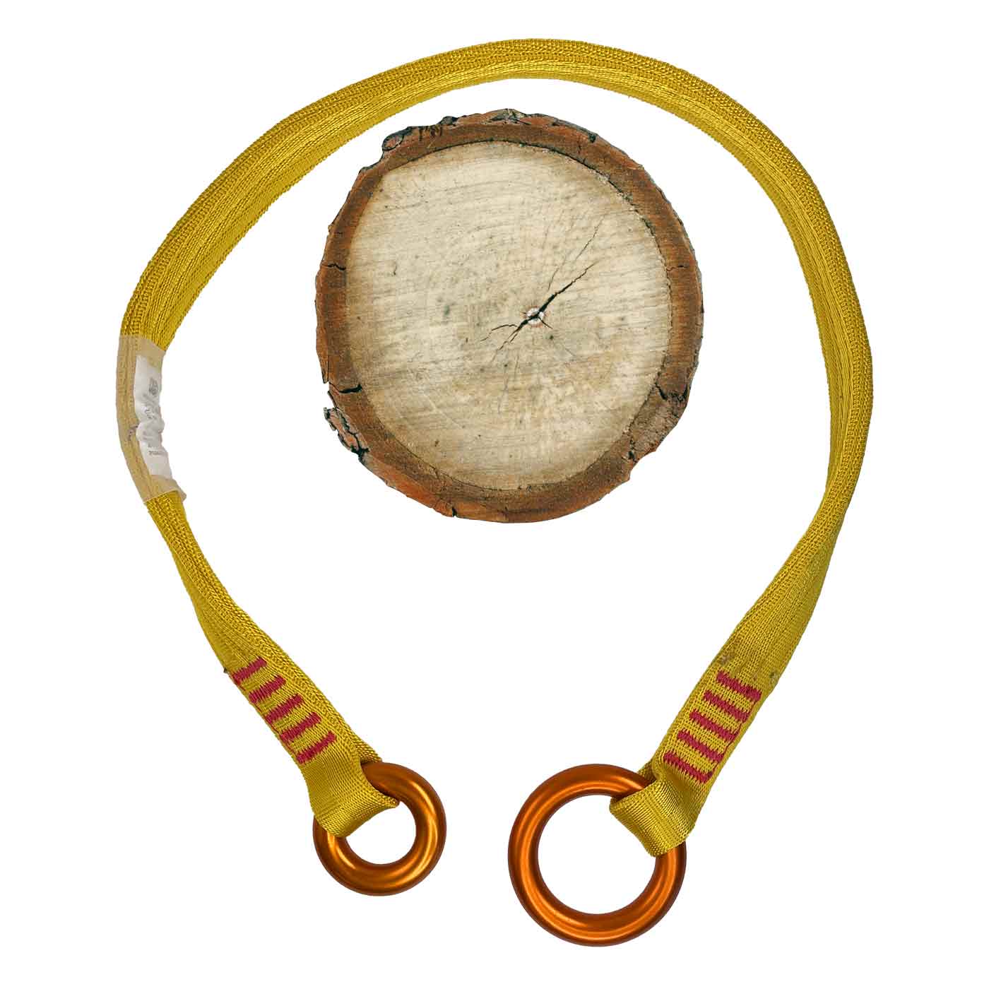 Tree Fork 90, gelbe Schlaufe mit zwei orangenen Metallringen und ein Holzscheibenstück in der Mitte