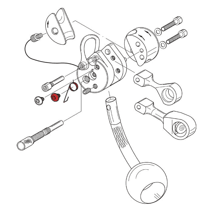 Technische Zeichnung einer Explosionsansicht eines Mechanismus mit mehreren Schrauben, Hebeln und einem roten Teil, das die LockJack Feder zeigt.