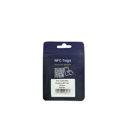 Hardware NFC Tag von Scannable, Rückseite der schwarzen Verpackung mit Aufschrift "NFC Tags" und Barcode