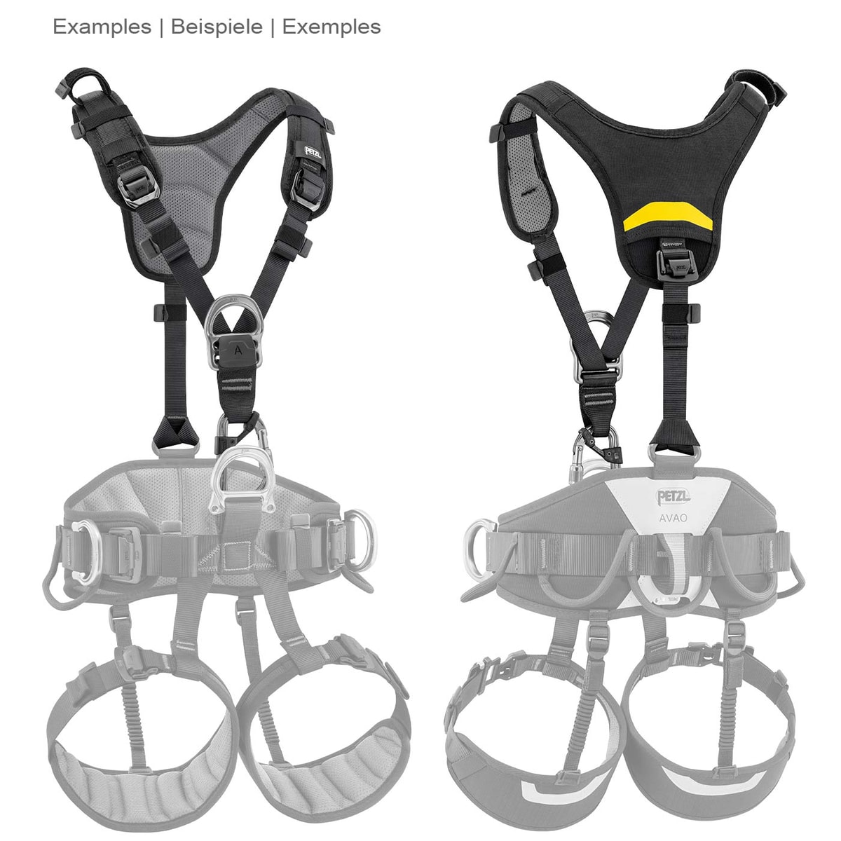 Top von Petzl, zwei Ansichten des schwarzen Schultergurtes mit grauem und gelbem gepolstertem Rückenteil, im Hintergrund grau dargestellt ein kompletter Klettergurt mit Bein- und Hüftgurten