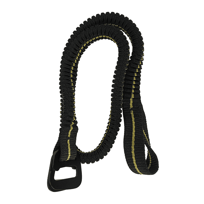 Knee Ascent Bungee, schwarzes elastisches Band mit gelben Streifen und schwarzem Kunststoffverschluss