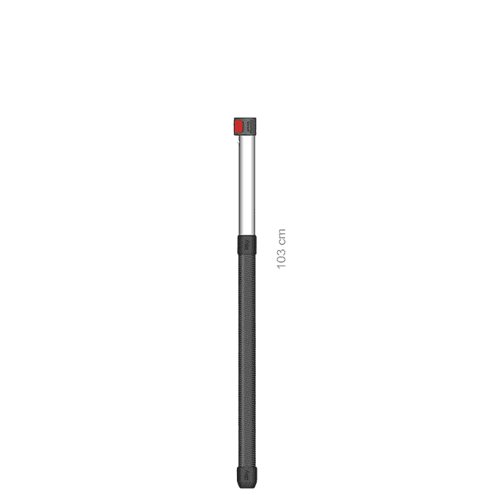 Hayauchi 297 Stange unten, lange Stange mit schwarzem geriffeltem Griff, silbernem Mittelteil und rotem Knopf oben, Länge 103 cm