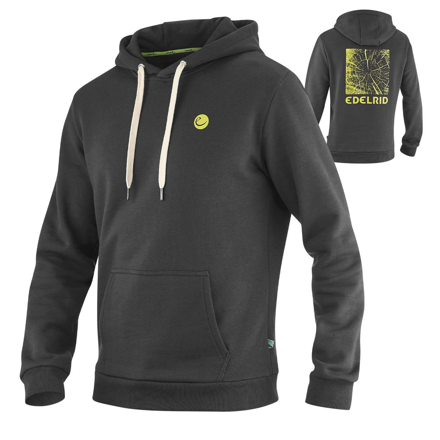 Dunkelgrauer Grounder Hoodie mit Kapuze und weißen Kordeln vorne und Rückansicht mit großem gelbem Baumstamm-Print und Schriftzug EDELRID