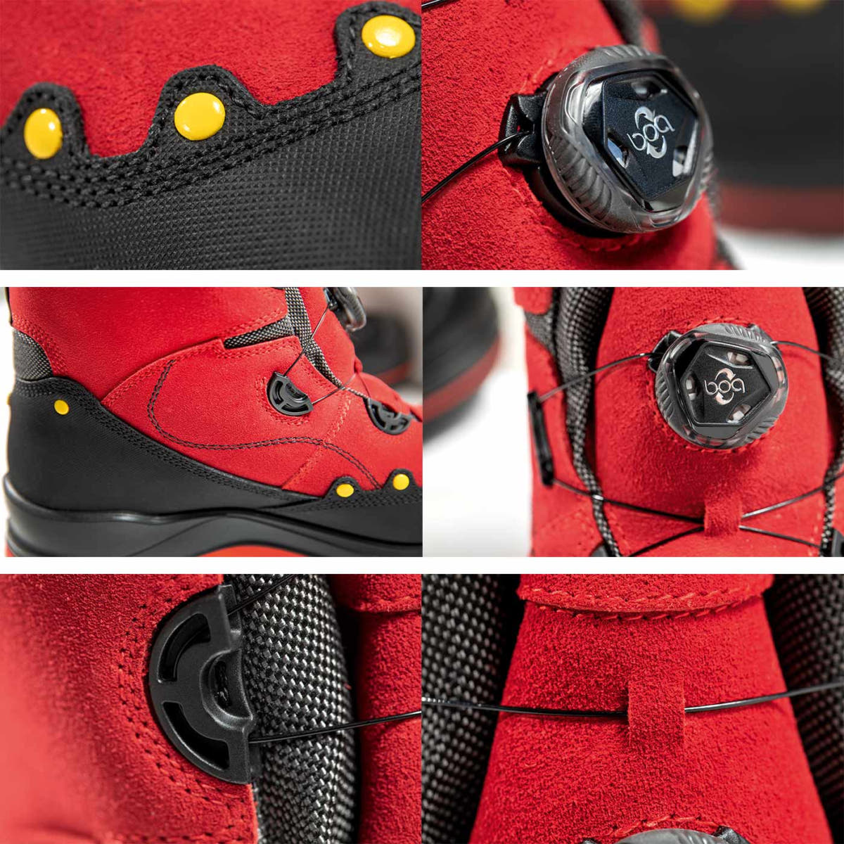 BOA® Schnittschutzschuh Detailansichten von roten und schwarzen Bereichen, gelben Nieten, schwarzen Drehverschlüssen mit BOA-Logo und schwarzen Schnürdrähten