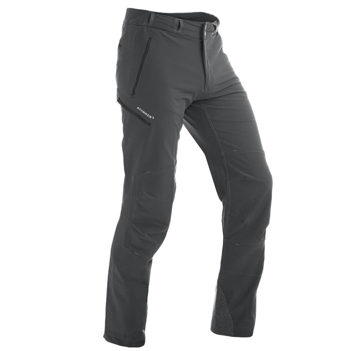 Concept von Pfanner, schwarze Outdoor-Hose mit mehreren Reißverschlusstaschen und verstärktem Bereich am Bein