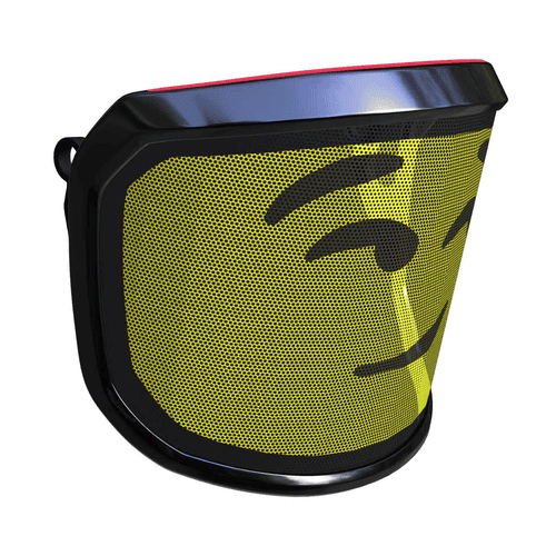 PROTOS® Visier Arbormoji mit gelbem Gesicht und schwarzem, zwinkerndem Smiley-Motiv, schwarzer Rahmen, seitliche Ansicht von rechts