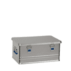 Alubox Comfort 48, geschlossene silberne Aluminiumbox mit blauen Griffen und Verschlüssen