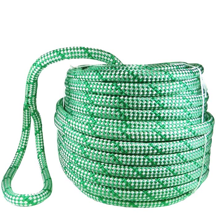 Sirius Bull Rope 18 S zeigt ein aufgerolltes grünes und weißes geflochtenes Seil mit Schlaufe am Ende.