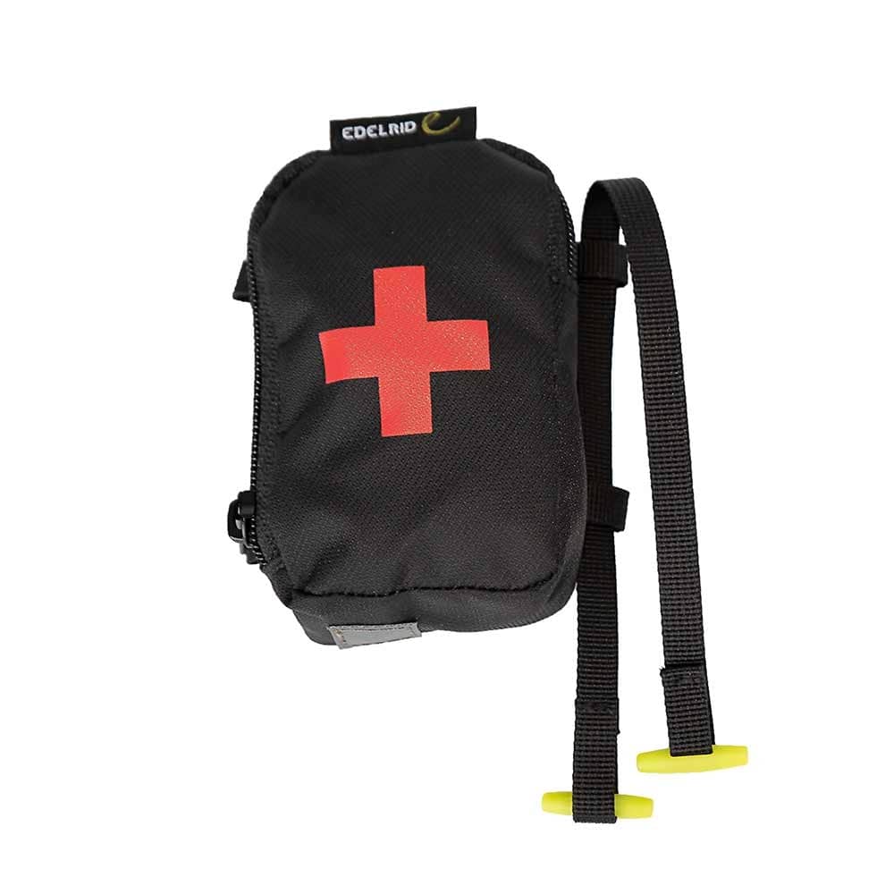 TreeRex First Aid Bag von Edelrid, schwarze Tasche mit rotem Kreuz und zwei schwarzen Gurten mit gelben Enden