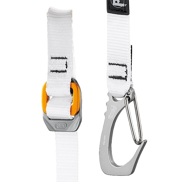 Nahaufnahme des Knee Ascent Clip Unteres Band von Petzl, zeigt das weiße Band mit orange-grauem Clip und einem silbernen Karabinerhaken aus Metall mit Federverschluss.