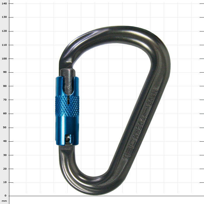 Artec Karabinerhaken mit blauem Schraubverschluss und schwarzer Metalloberfläche