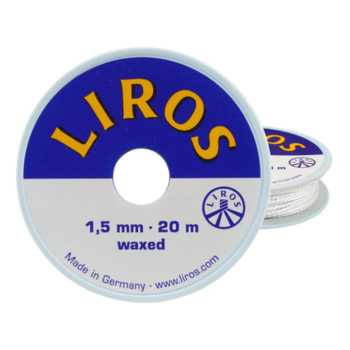 Takelgarn Wax 1.5 von Liros, weiße gewachste Schnur auf einer runden Spule mit blauer und weißer Beschriftung, Durchmesser 1,5 mm, Länge 20 m, Made in Germany