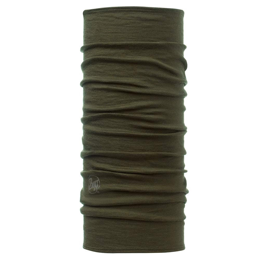 Olivgrüner Merino Wool BUFF Schlauchschal mit leicht sichtbarem BUFF-Logo am Rand