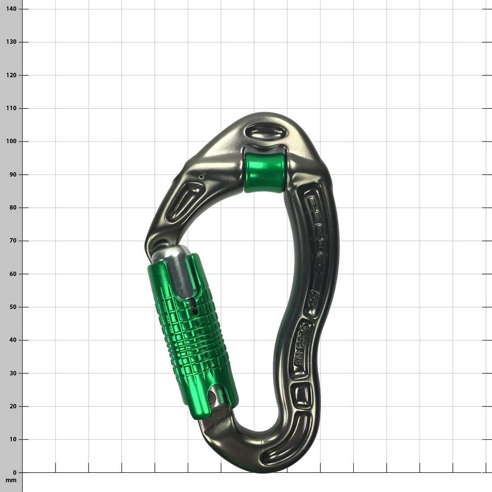 Revolver Safelock Karabiner in silberner und grüner Farbe mit Schraubverschluss und geriffeltem Griff.