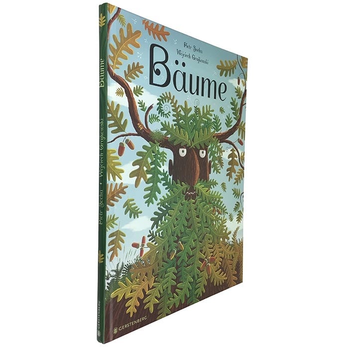 Bäume Buch mit schräger Ansicht, gezeichnetes Baumgesicht auf dem Cover, Autoren Piotr Socha und Wojciech Grajkowski, Verlag Gerstenberg