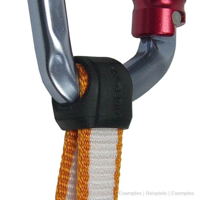 Schwarzes Kunststoffteil mit der Prägung "EDELRID", das an einem Karabiner mit orangen-weißer Bandschlinge befestigt ist, Produktname Antitwist 16