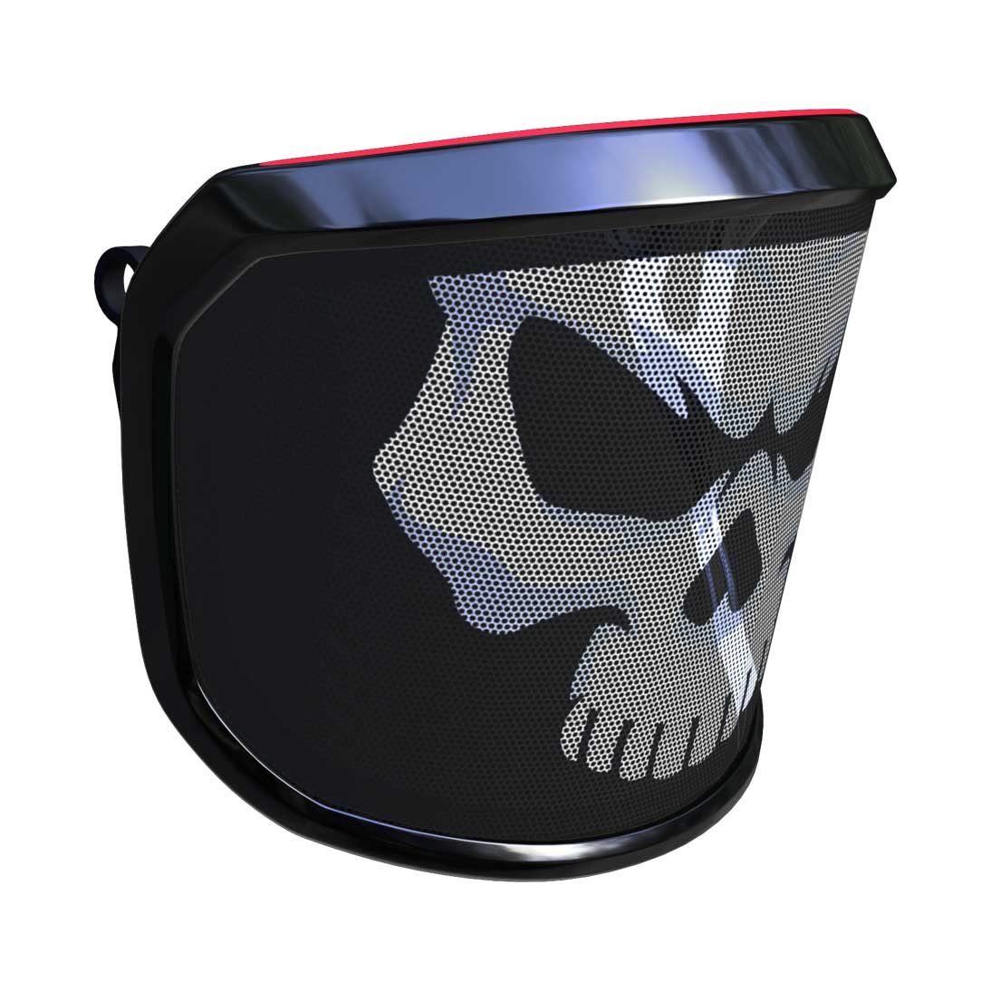PROTOS® Visier Special Edition mit schwarzem Rahmen und weißem Totenkopf-Motiv auf schwarzem Netzgewebe von rechts seitlich