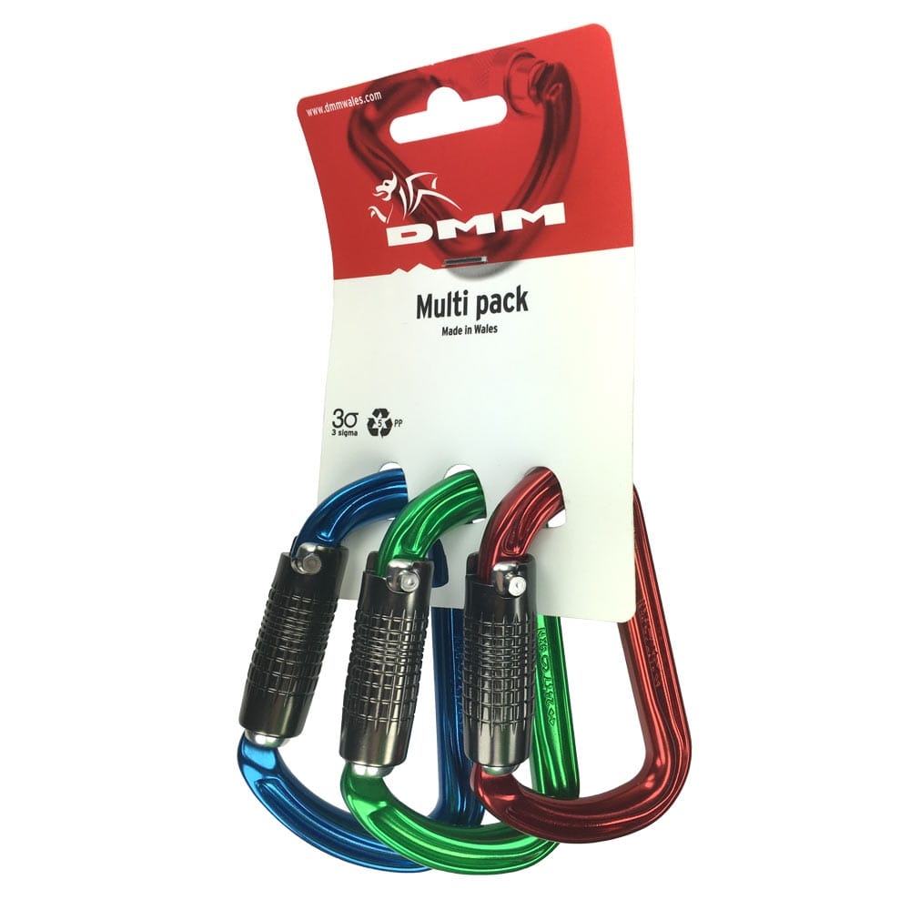 3 x Shadow Color Kletterkarabiner in Rot, Blau und Grün in Verpackung mit DMM-Logo und Aufschrift "Multi pack"